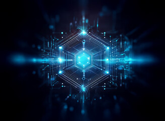 Obraz premium Abstract digital art depicting a glowing hexagonal structure, intricate circuitry, and bright blue light beams against a dark background. The image evokes themes of technology and connection.