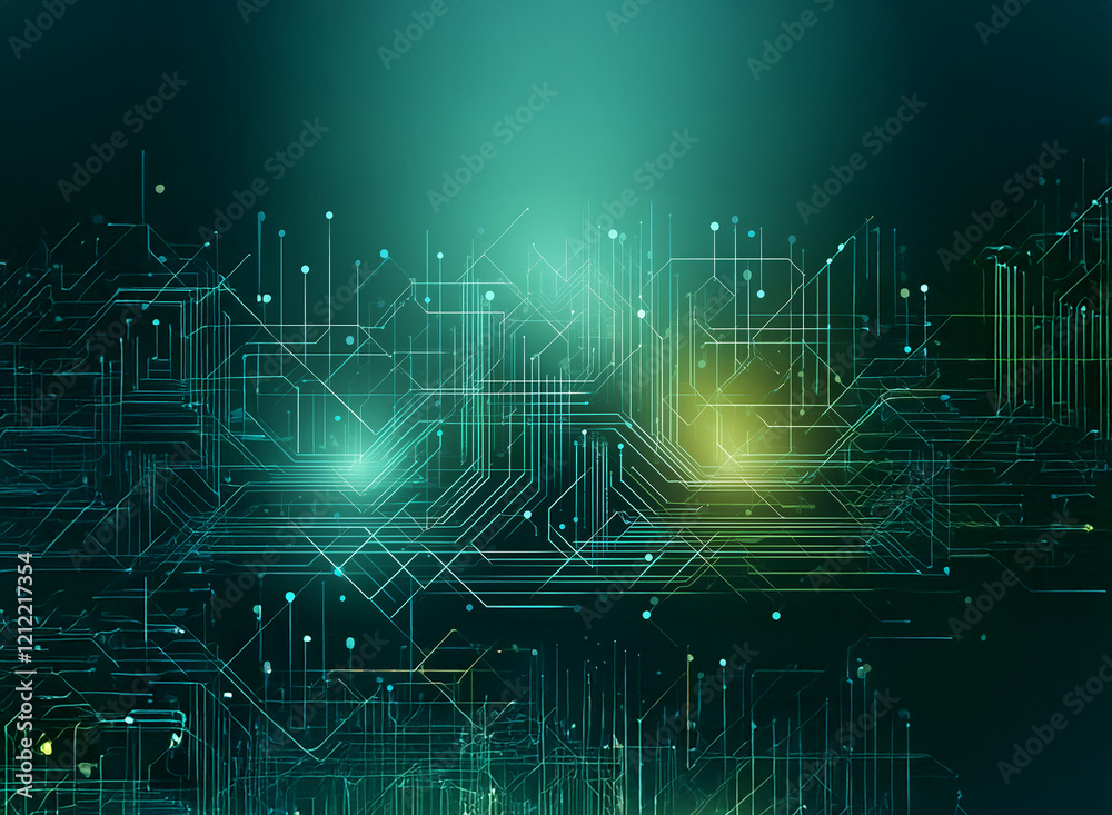 Leinwandbilder abstract digital artwork depicting a complex network of glowing teal and yellow circuit lines, sugge
