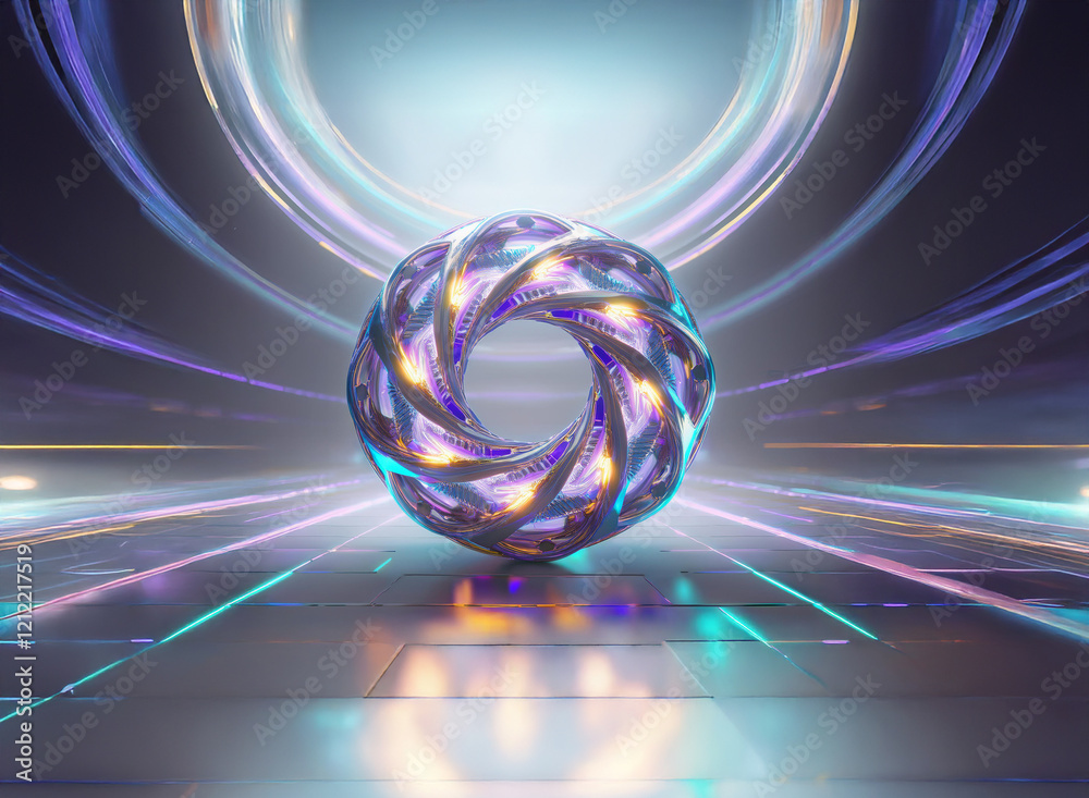 Poster intricate metallic sphere with swirling, luminous design rests on reflective surface within a futuri