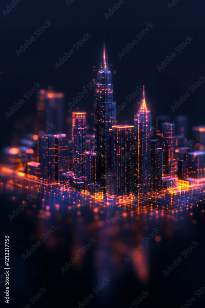 Poster A futuristic cityscape made of data points and analytical graphs, symbolizing the integration of data transformation and analysis into everyday life and infrastructure,