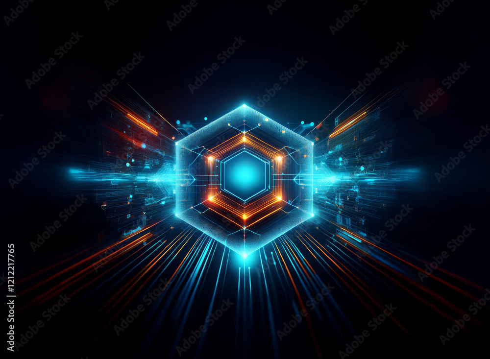 Poster a mesmerizing digital artwork featuring a glowing hexagonal structure at the center, surrounded by v