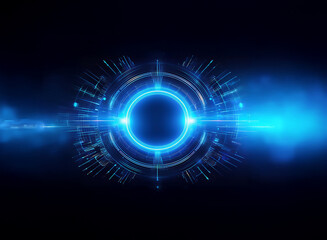 Obraz premium Glowing blue circular interface, futuristic technology, digital energy, dark background, abstract design. Bright light emanates from the center.