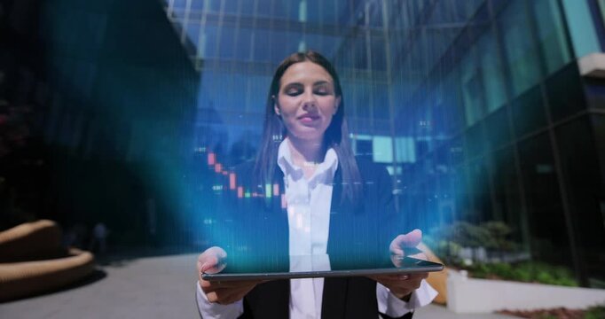Friendly young businesswoman using digital computer tablet near office building. Bar graph with auto trading computer coding artificial intelligence technology, AI. 3d Animation.