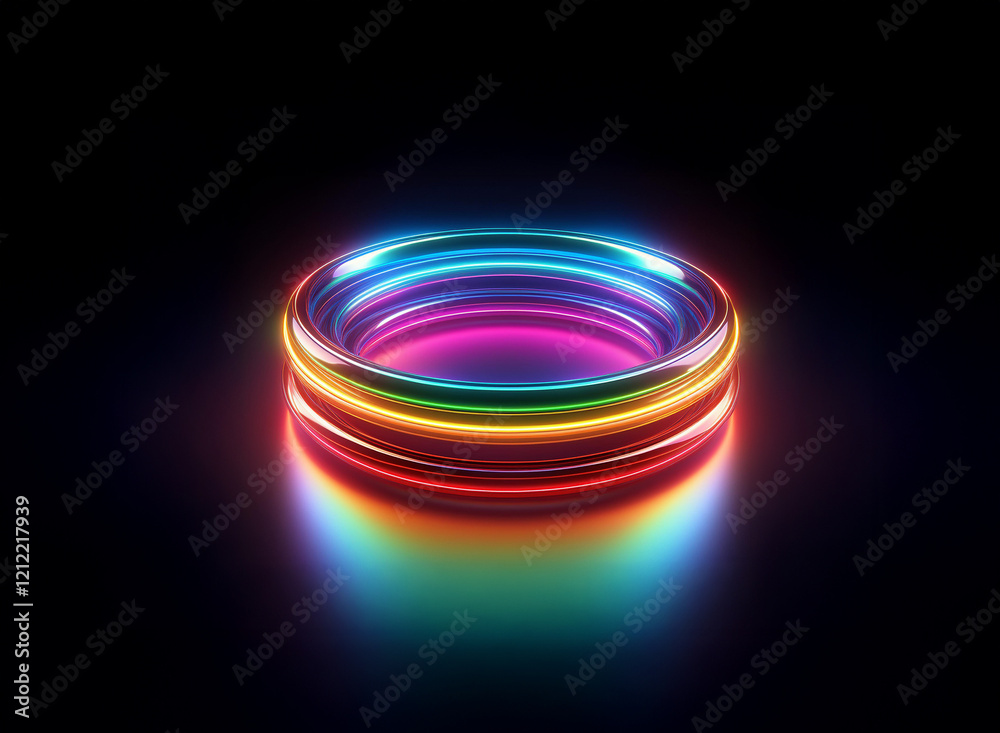 Poster vibrant rainbow neon rings glow intensely on a dark reflective surface. the concentric circles creat