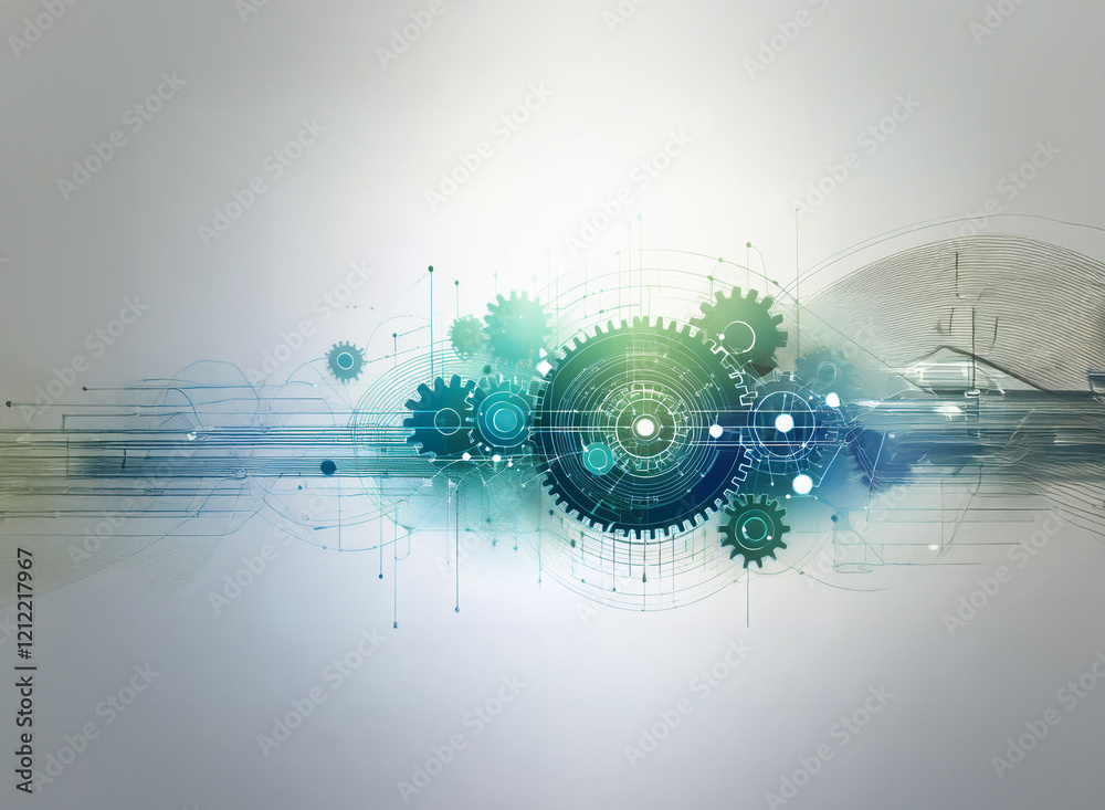 Poster Abstract digital illustration featuring interconnected gears, circuit lines, and flowing data streams.  Represents technological advancement and seamless integration.