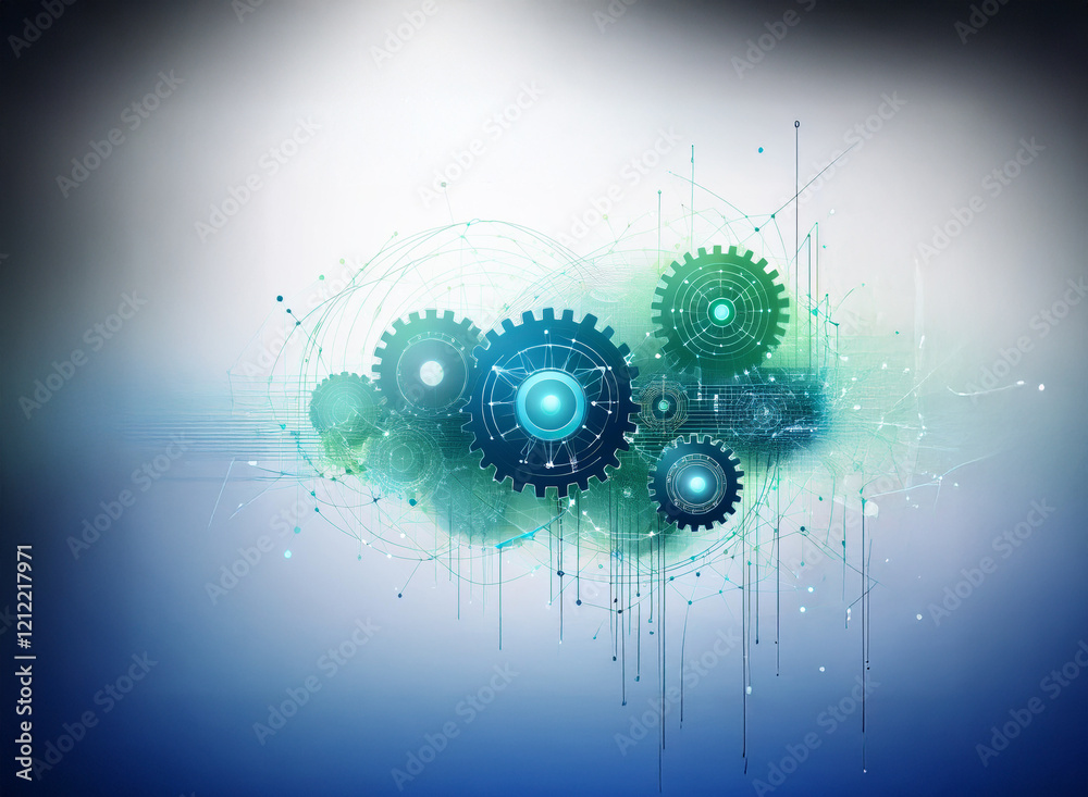 Poster Interconnected gears, teal and black, form a cloud-like structure against a gradient blue and white background.  Digital lines and nodes connect the gears, suggesting technological synergy and complex