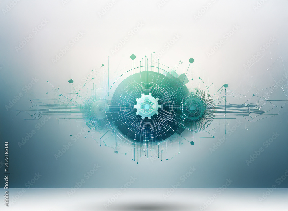 Poster Abstract digital illustration depicting interconnected gears and nodes, suggesting technological innovation and complex systems.  A futuristic design with teal and green hues on a light gray backgroun