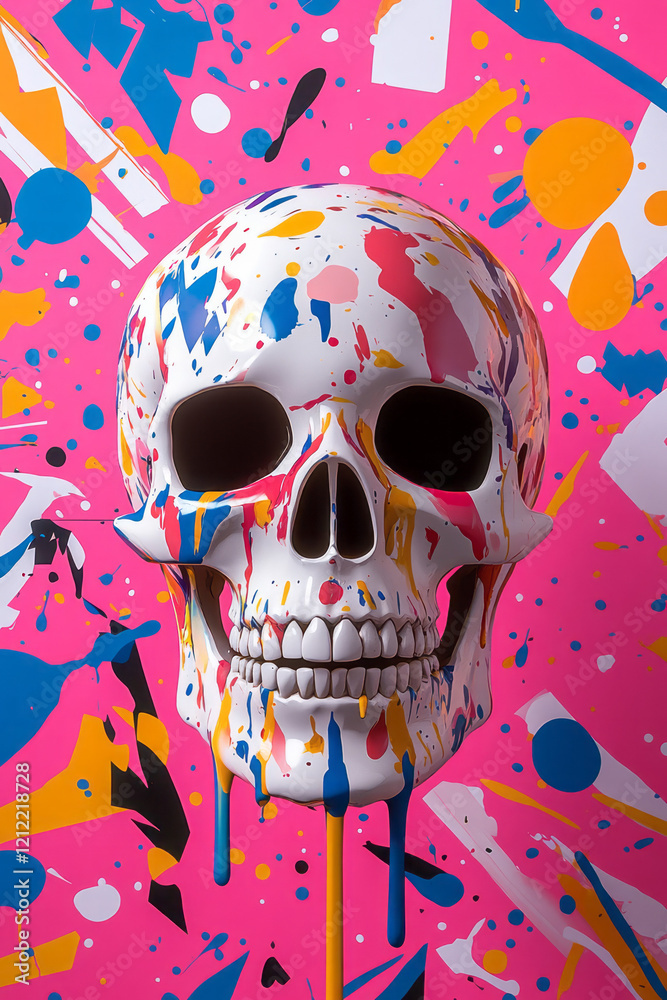 Fototapete an artistic rendition of a human skull adorned with colorful paint splatters in neon hues, blending 