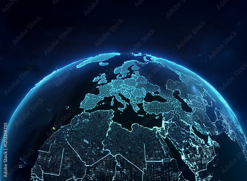 Poster a glowing, digital rendering of earth, centered on europe and the middle east, showcases interconnec