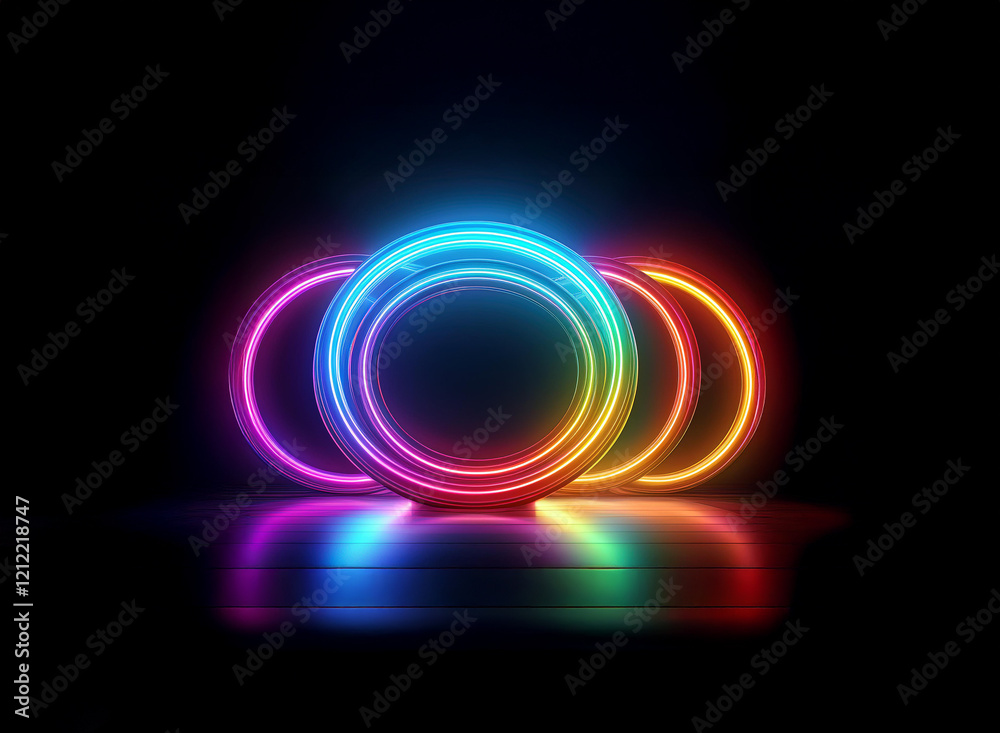 Aufkleber vibrant rainbow neon rings glow intensely in the dark, reflecting on a glossy surface. the circles c