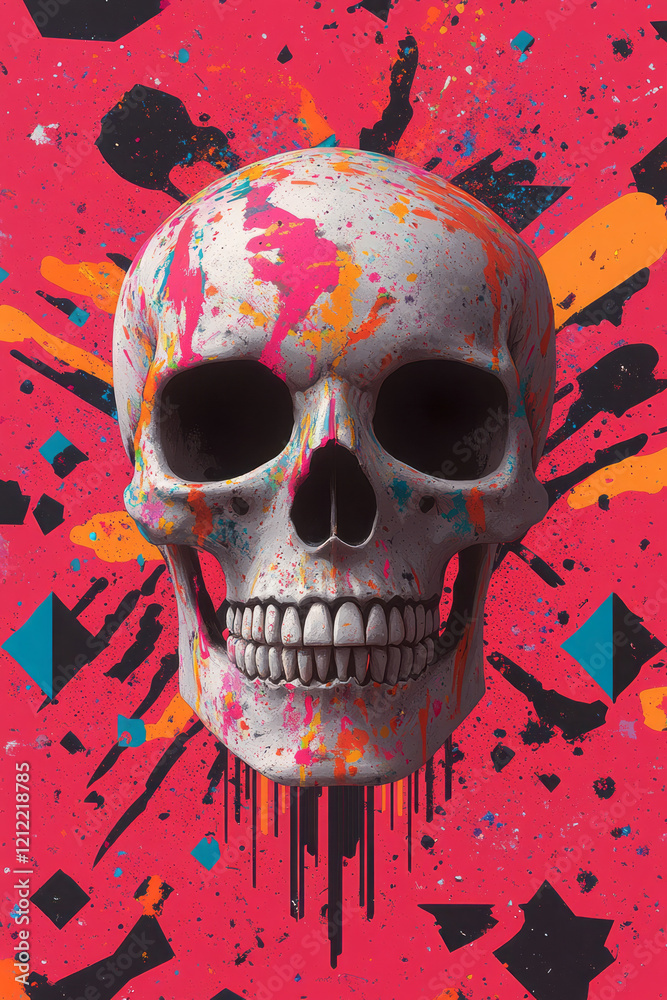 Fototapete an artistic rendition of a human skull adorned with colorful paint splatters in neon hues, blending 