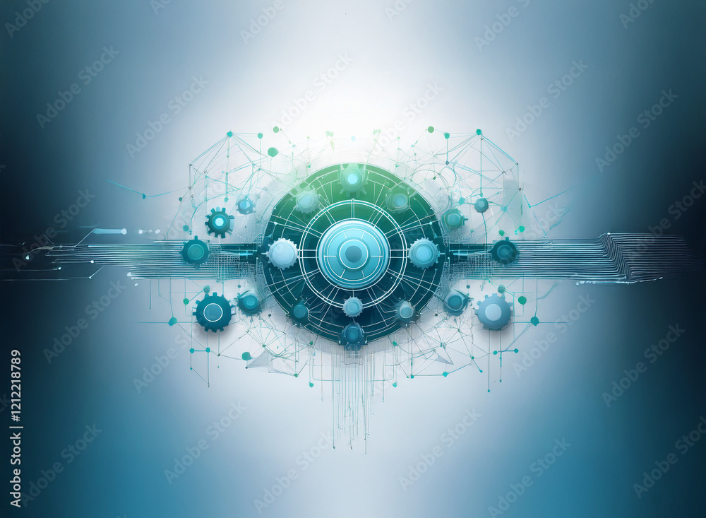 Poster abstract digital artwork depicting interconnected gears, nodes, and network lines, suggesting techno