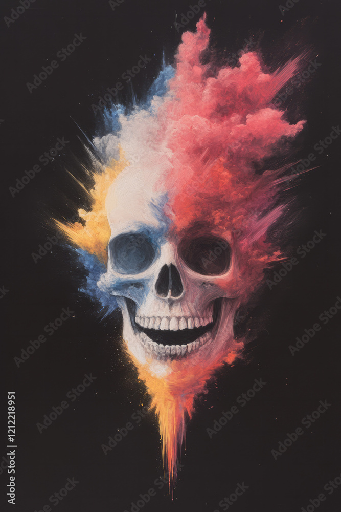 Poster A dynamic abstract representation of a human skull with explosive bursts of colorful paint in primary colors, set against a textured black background for dramatic impact,