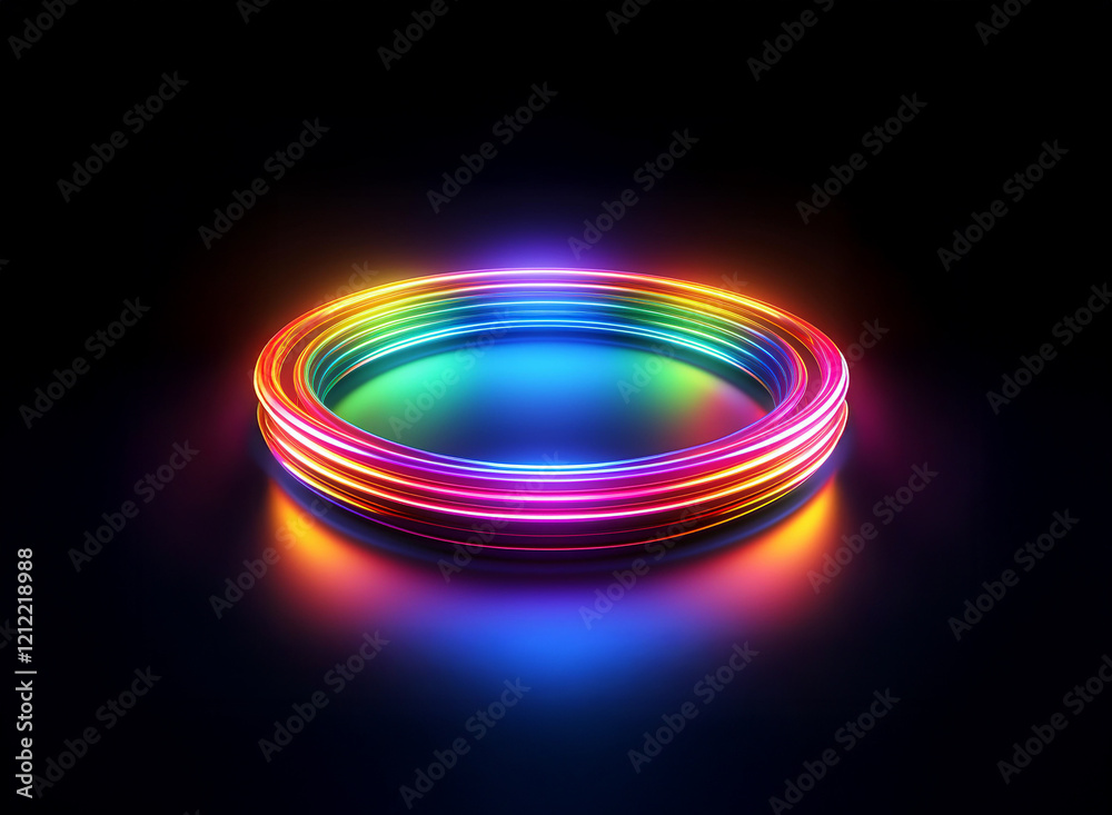 Poster Vibrant, multicolored neon rings create a glowing circular light display on a dark reflective surface.  The concentric circles produce a mesmerizing effect.