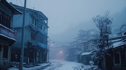 Fototapeta premium Snowy mountain village street at dawn, quiet atmosphere, potential for travel or winter theme use