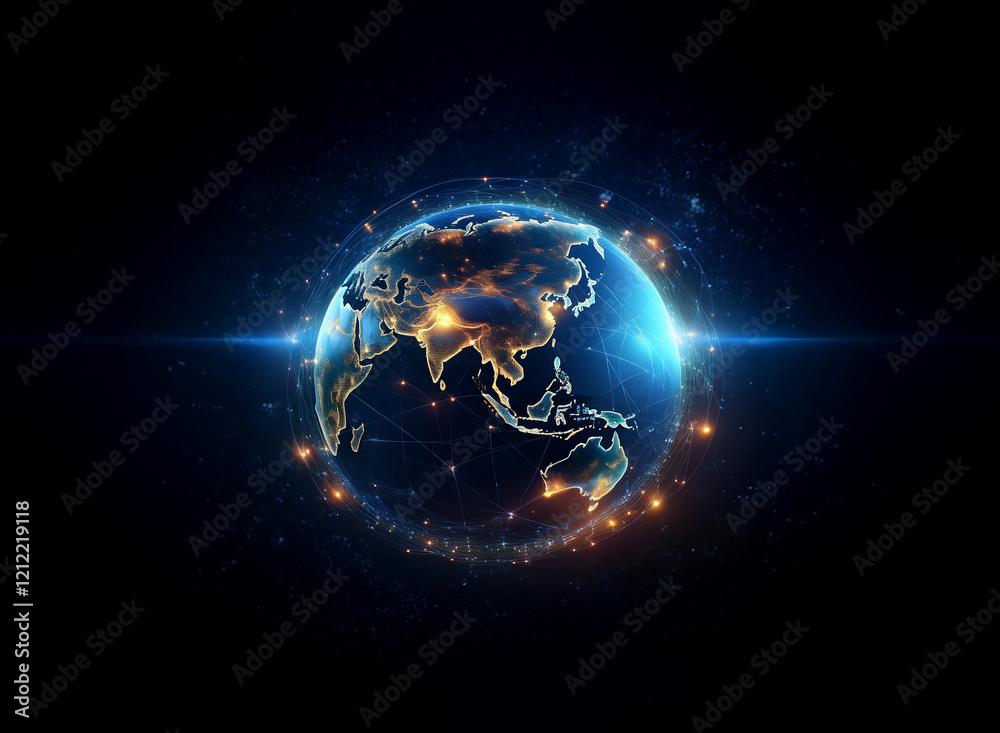 Poster A stylized Earth glows with digital connections, its continents outlined in warm light against a deep blue and black backdrop.  The image hints at global networking and technological advancements.