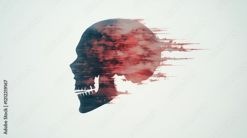 Aufkleber A layered abstract human skull with overlapping paint splashes in various translucent colors, adding depth and complexity to the overall composition,
