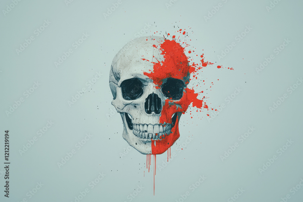 Poster An elegant abstract human skull with subtle paint splashes in muted tones, emphasizing the delicate balance between color and form,