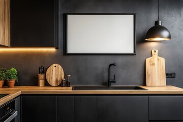 Modern Minimalist Kitchen Design with Dark Elements and Wooden Accents in Urban Setting
