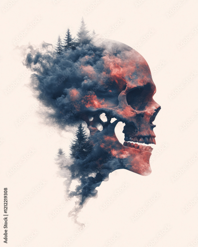Poster A dramatic abstract human skull with intense paint splatters in deep blues and fiery reds, set against a smoky, indistinct background for a powerful visual statement,
