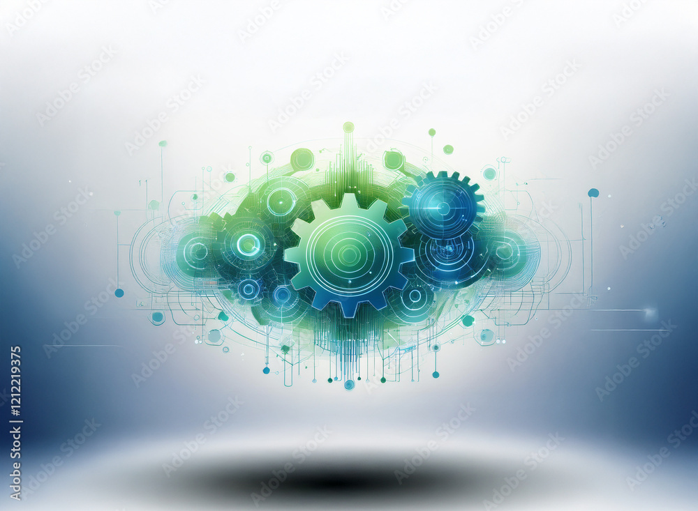 Poster Abstract digital art depicting interconnected gears within a stylized cloud, representing technological synergy and innovation.  The color scheme is primarily teal and green on a light blue background