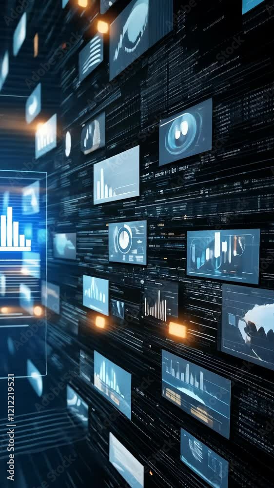 Poster multiple digital screens showcase various data visualizations in a futuristic setting filled with gl
