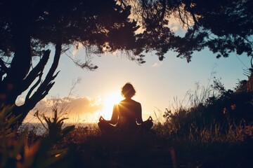 Serene Meditation Practice at Sunset Among Trees by the Ocean Shore