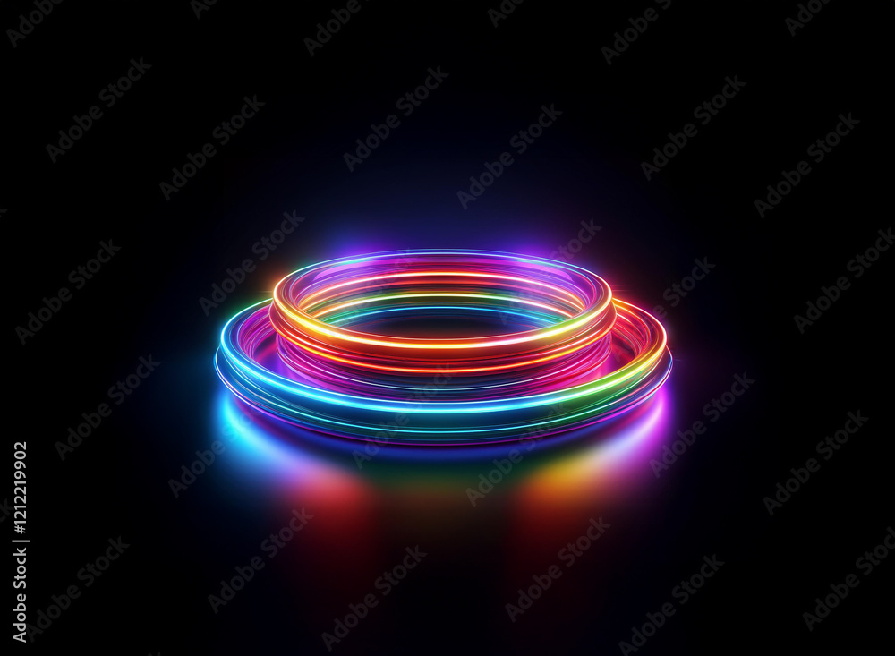 Poster vibrant, multicolored neon rings glow on a dark background, creating a captivating, circular light d