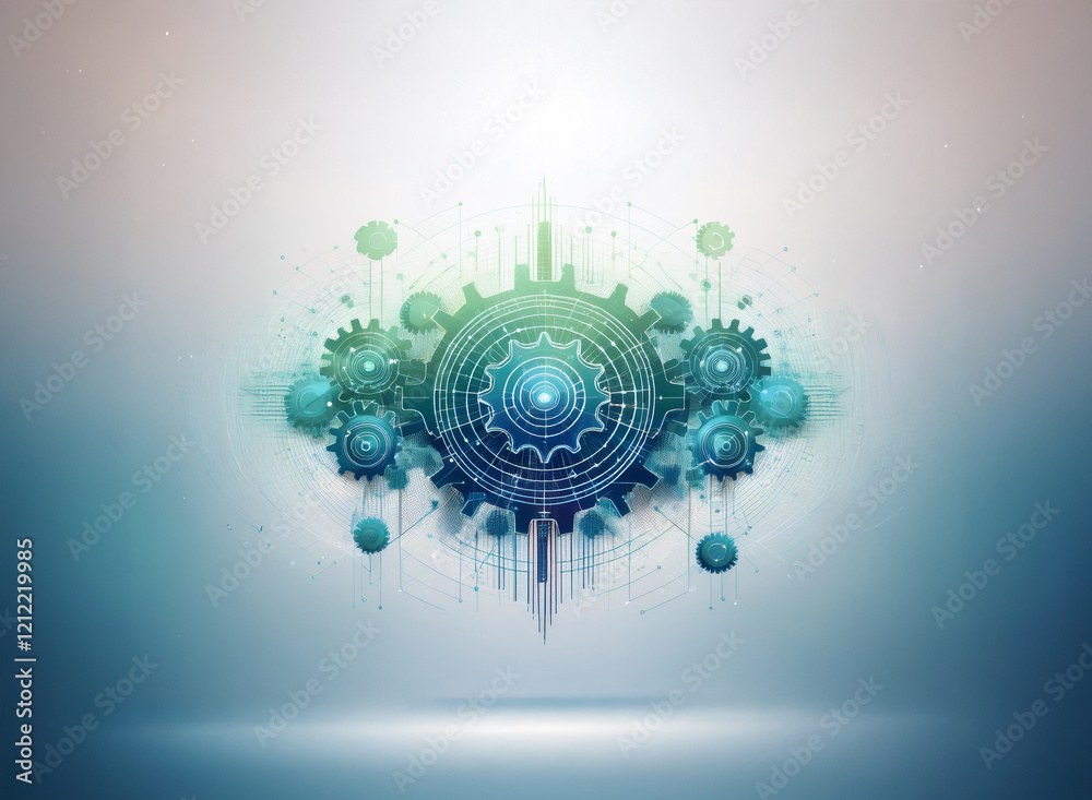 Aufkleber abstract digital illustration featuring interconnected gears in teal and blue hues against a soft, l