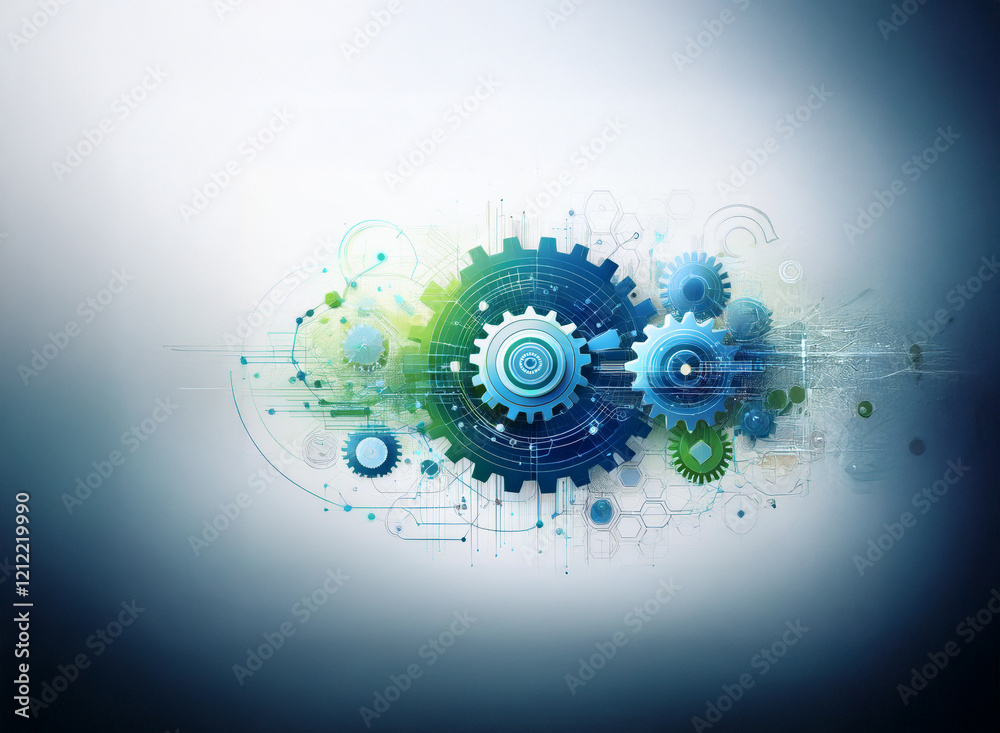Aufkleber abstract digital illustration of interconnected gears in blue and green hues, representing technolog