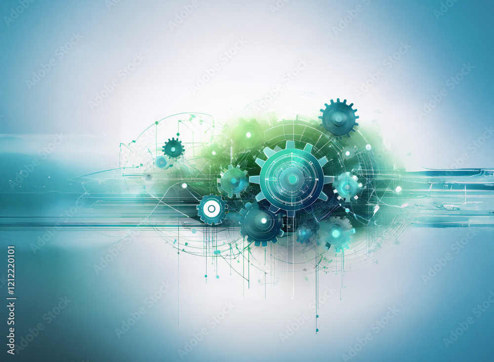 Poster abstract image depicting interconnected gears, suggesting technological synergy and innovation. the 