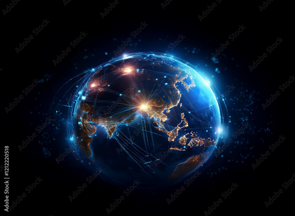 Poster Glowing earth encircled by a network of interconnected lines, representing global communication and digital connectivity.  Bright lights illuminate continents at night.