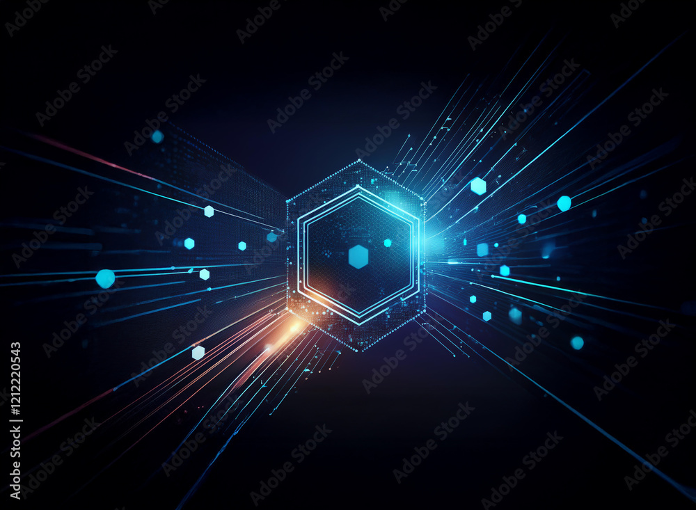 Leinwandbilder Abstract digital art depicting a glowing hexagonal core with radiating light streaks and particles, suggesting technological advancement and futuristic networks.