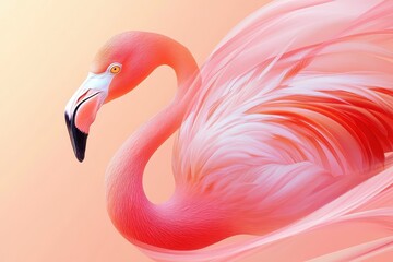 Fototapeta premium Graceful Flamingo Displayed with Elegant Feathers Against a Soft Peach Background
