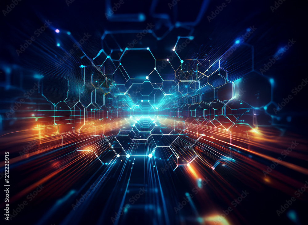 Poster abstract digital artwork depicting a futuristic highway of interconnected glowing hexagons and light