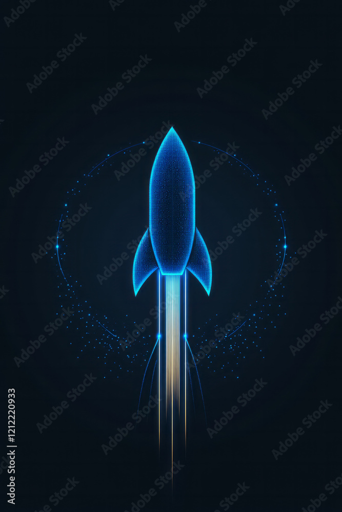 Aufkleber A dynamic blue pix rocket symbol icon, featuring pixelated flames and motion lines for a sense of speed and innovation,