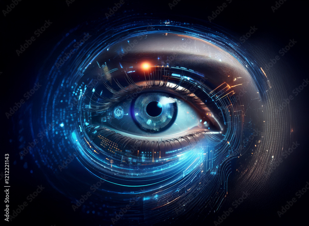 Aufkleber A mesmerizing digital eye, swirling with vibrant blue and orange light trails, embodies technological advancement and futuristic vision.  The intricate circuitry and data streams suggest a connection 