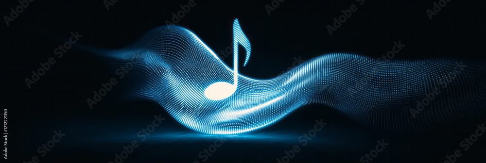 Poster a vibrant abstract blue pix music note icon, with pixelated curves and dynamic lines enhancing the s