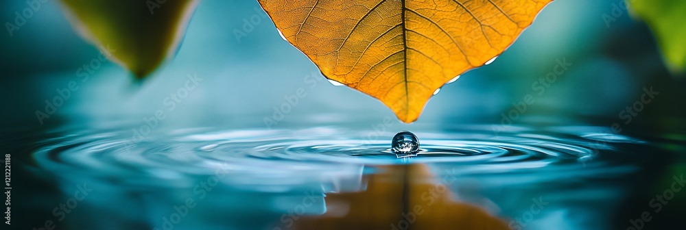 Poster water droplet falling from an autumn leaf into calm water, creating ripples.