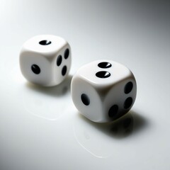 "High-quality image of two white dice with black pips, angled dynamically on a white background, isolated and clear for use in designs or illustrations."
