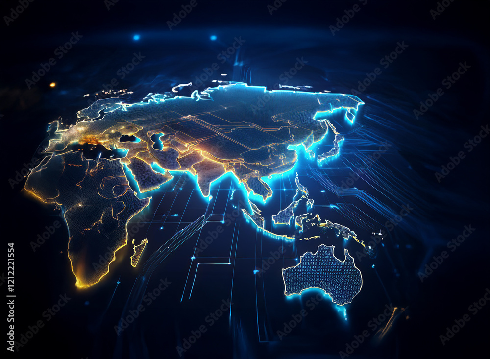 Poster glowing digital world map, showcasing interconnected continents via illuminated lines. focus on asia
