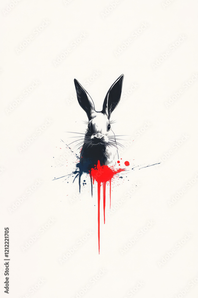 Poster a minimalist abstract collage where sleek rabbit ears blend with abstract ink splashes and clean, mo