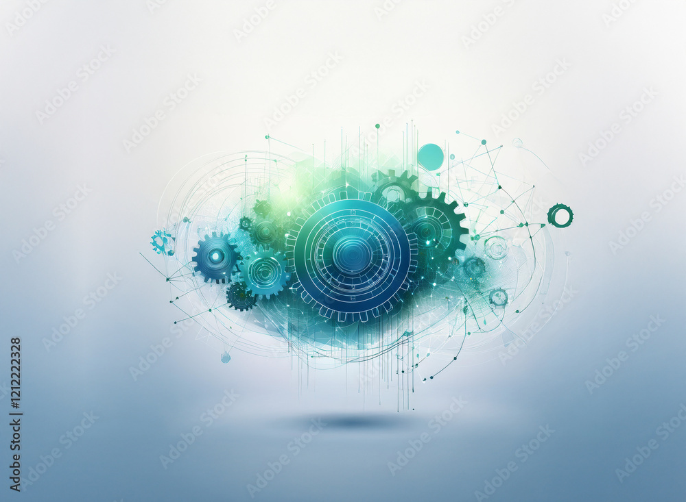 Aufkleber Abstract digital illustration of interconnected gears and nodes, symbolizing complex technology and innovation.  A teal and green color palette evokes a sense of progress and efficiency.