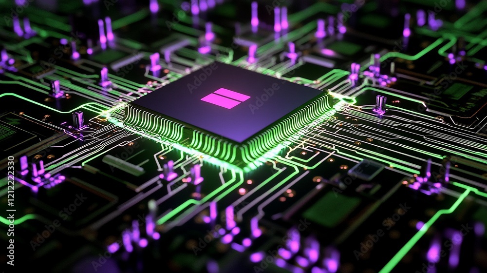 Poster Close-up of a glowing central processing unit (CPU) on a circuit board, showcasing intricate electronic components and connections.