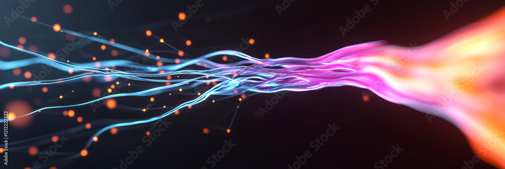 Poster a stylized infographic of the brain's neuroplasticity, featuring bright, flowing lines and interconn