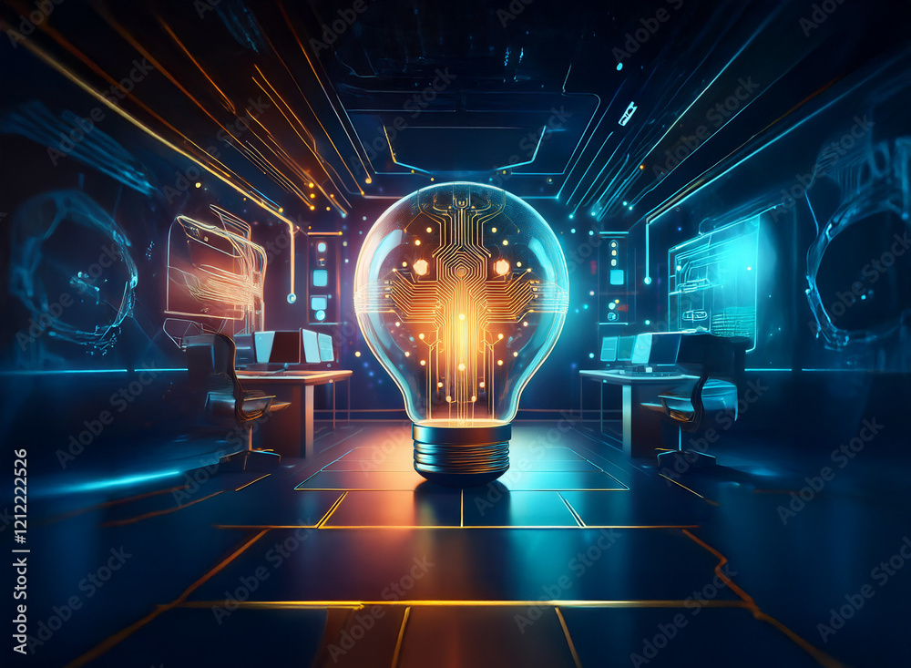 Leinwandbilder a glowing lightbulb, intricate and futuristic, sits at the center of a high-tech control room. surro