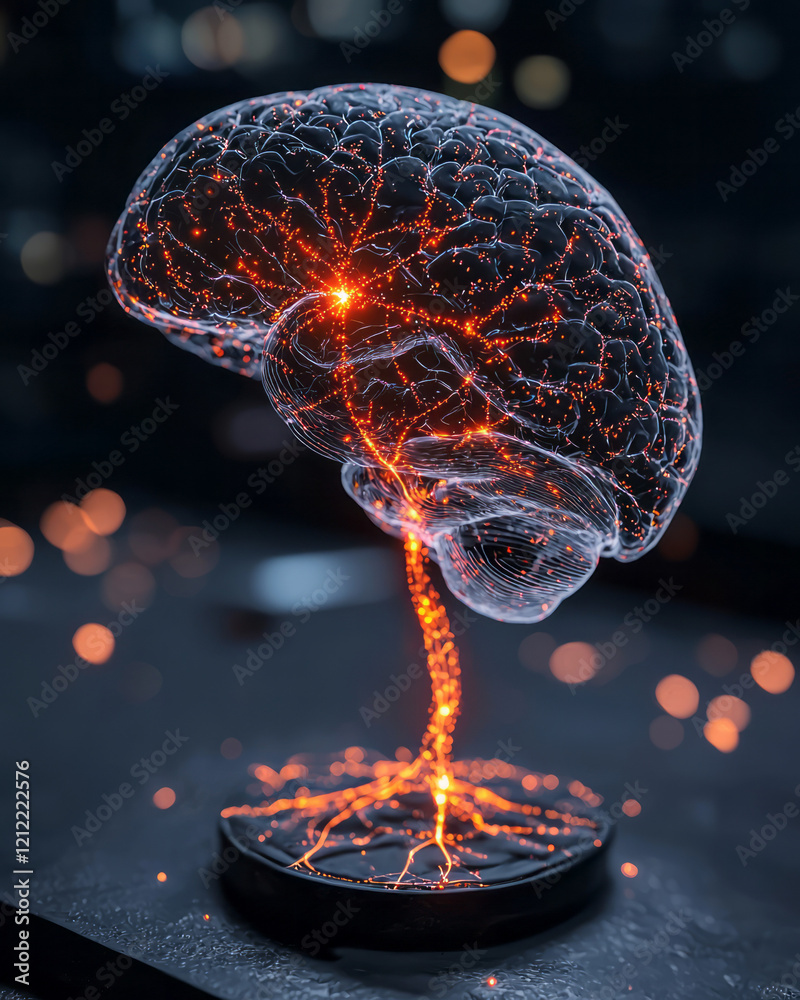 Poster a 3d illustration of the brain with dynamic, glowing neural pathways expanding and intertwining, hig