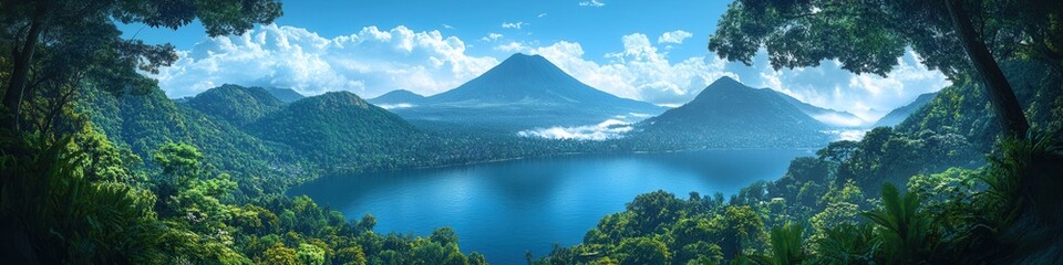 Dramatic Lake Atitl&aacute;n, deep blue waters, lush greenery, towering volcanoes, morning mist, vibrant landscape, Guatemala's natural beauty