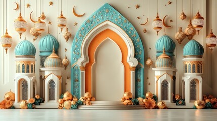 Elegant Islamic architecture scene with ornate arches, domes, lanterns, and crescent moons.