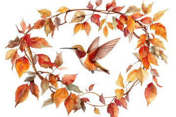 isolated transparent background vibrant hummingbird surrounded by autumn leaves in warm colors